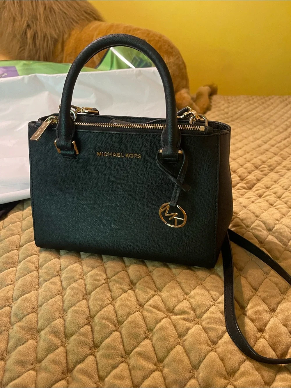 Michael Kors Black Saffiano Satchel with Gold MK Charm